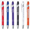 A selection of six metal pens in colours red, blue, purple, white, and orange, each with a clip and branding.