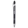 A black metal pen with silver accents and a branding logo, featuring a stylus tip.