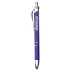 A purple metal pen with a silver clip and a logo. It features a sleek, modern design suitable for promotional use.