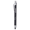 A black metal pen with a chrome clip and a branding logo, featuring a stylus tip for touch screens.