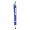 A blue metal pen with a silver clip and tip, featuring a logo on the barrel.
