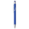 A blue metal pen with a silver clip and a logo, featuring a smooth finish and a stylus tip.