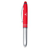 A red Amalfi pen with a chrome clip and tip, featuring a stylus at the end. It has a logo on the body.