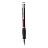 A maroon plastic pen with a silver clip and a black rubber grip, featuring a logo on the barrel.