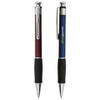 A promotional set of two plastic pens: one in burgundy with a silver trim, the other in blue with a black grip. Each has a logo.
