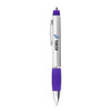 A metal pen with a silver barrel and purple grip, featuring a logo on the side.