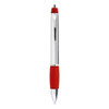 A metal pen with a chrome body and a red rubber grip, featuring a clip and a logo.