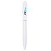 A white plastic pen with a cap and a branding logo on the barrel.