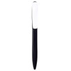 A black plastic pen with a glossy white detailing and a smooth design, featuring a logo on the barrel.