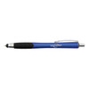 A blue stylus pen with a textured grip and a silver clip, featuring a logo on the barrel.