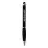 A black stylus pen with a rubber grip, featuring a branding logo on the side.