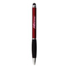 A red stylus pen with a black grip and a metallic finish, featuring a logo.