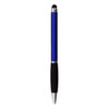 A blue stylus pen with a black rubber grip and a silver accent. Features a logo on the body.