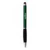 A green stylus pen with a silver tip and black grip, featuring a logo on its barrel.
