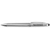 A silver stylus pen featuring a black tip and a branding logo.