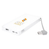 A white power bank with a built-in USB cable and a logo. It has multiple charging ports.