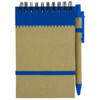 A recycled jotter pad in brown with a blue elastic band and a matching blue pen attached. It features a wire spiral binding.