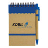 A recycled jotter pad with a blue pen, featuring a brown cover and a logo on the front.