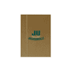 A beige A5 notepad with a logo on the cover and an elastic band closure.
