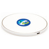 A round white wireless charging dock with a logo in the centre and a small port on the side.