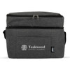 A grey insulated drink cooler with a front pocket and a logo, featuring a zippered top and adjustable strap.