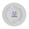 A white pet dish featuring a cartoon dog design and a logo in purple.
