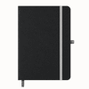 A black A5 notebook with a grey elastic band and ribbon bookmark, featuring a subtle logo on the cover.