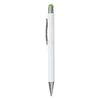 A white pen with a silver clip and a green top, featuring a logo on the body.