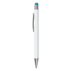 A white pen with a silver clip and a blue stylus tip, featuring a simple design and a logo.