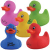 A collection of five colorful rubber bath ducks in pink, yellow, green, red, and blue, each featuring a logo.