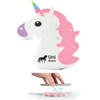 A unicorn-shaped custom wireless charger with a pink mane and colorful horn, featuring the text "Uni Mobile."