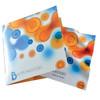 A microfiber lens cloth in a colorful card with blue and orange abstract patterns. Features a logo on the card.