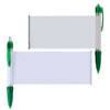 A green plastic pen with a banner feature, accompanied by a similar pen in a different position.