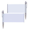 A plastic pen featuring a banner section in clear plastic with a white grip and tip. It has branding on the pen.