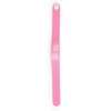 A pink pedometer bracelet featuring a digital display with time indicators and adjustable strap holes.