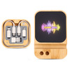 A wireless charger set in bamboo, featuring a compartment for cables and a colorful light display on top.