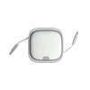A retractable cable set in silver with two connectors, housed in a compact, square case. The product features a logo.