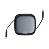 A grey, square retractable cable set with two charging connectors on either side, featuring a logo.
