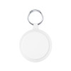 A white circular keychain with a silver metal ring, featuring a textured border. Ideal for holding items securely.