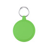A green circular keychain with a metal ring, designed for attaching to keys or bags.