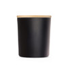 A large black glass candle with a smooth finish and a bamboo lid. Minimalistic design with a sleek appearance.