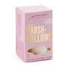 A pink box of marshmallows, featuring white, fluffy treats. The box has a logo and is labelled gluten-free.