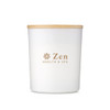 A white candle jar with a wooden lid, featuring a logo and branding for "Zen Health & Spa."