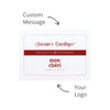 A white card featuring a festive greeting with a red accent and space for a custom message. Includes a logo.