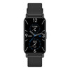 A slim black smart watch with a rectangular face, featuring digital time and fitness tracking displays.