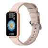 A slim smart watch with a rectangular face, featuring a beige strap and a floral display on the screen.