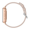 A slim smart watch with a rose gold case and a light pink strap, featuring a minimalist design and a fastening clip.
