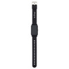 A slim black smartwatch with a rectangular face and adjustable strap, featuring a logo on the band.