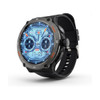 A smart watch with a round black casing, blue display, and multiple dials, featuring a black strap and a logo.
