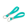 A turquoise silicone strap keytag featuring a metal ring and a branding logo. Ideal for keyrings and tools.